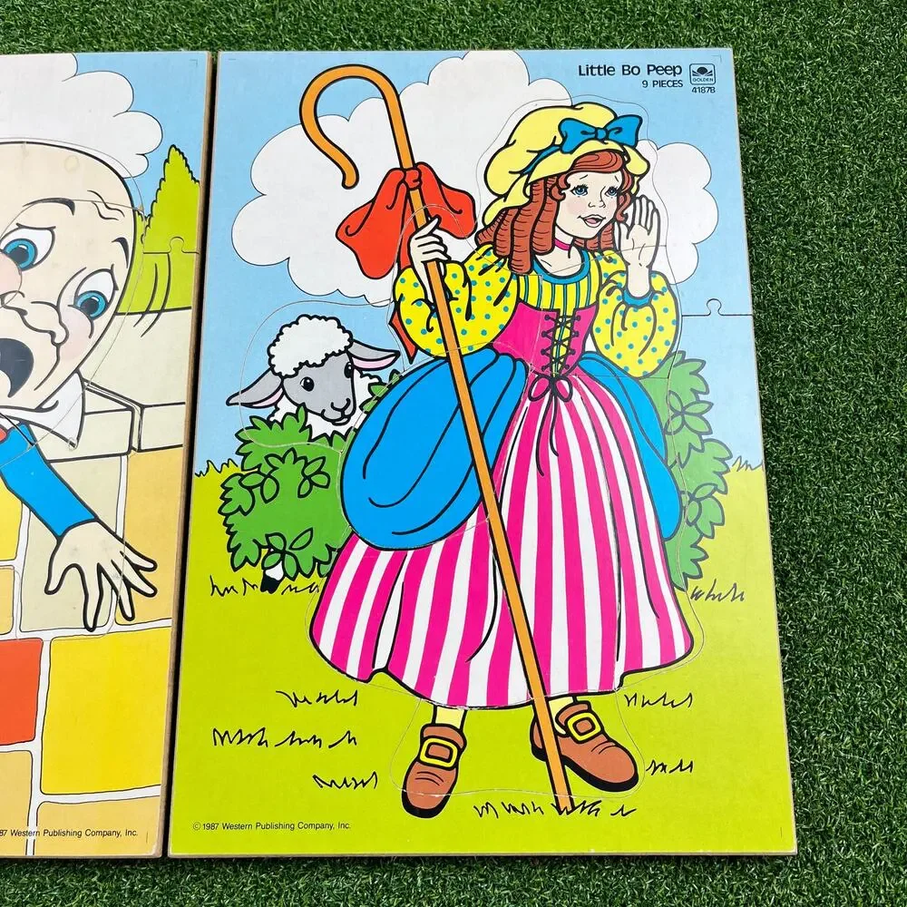 VTG Lot 1987 Wooden Puzzles 9 Pieces Humpty Dumpty Little Bo Peep